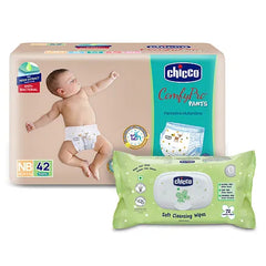 Chicco Comfypro Ultra Soft & Light Diaper Pants New Born - 42 Pieces &  Baby Moments Soft Cleansing Wipes With Flap Cover - 72 Wipes