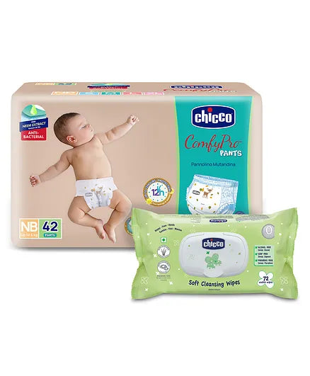 Chicco Comfypro Ultra Soft & Light Diaper Pants New Born - 42 Pieces &  Baby Moments Soft Cleansing Wipes With Flap Cover - 72 Wipes
