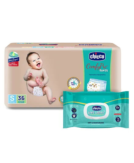 Chicco Comfypro Diaper Pants Small - 36 Pieces &  Wet Wipes with Fliptop - 72 Wipes