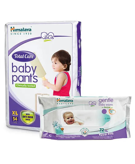 Himalaya Herbal Total Care Baby Pants Style Diapers Extra Large - 54 Pieces &  Baby Wipes - 72 Pieces