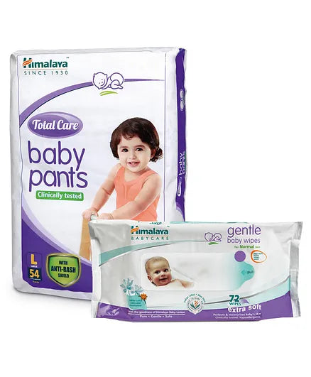 Himalaya Herbal Total Care Baby Pants Style Diapers Large - 54 Pieces & Baby Wipes - 72 Pieces