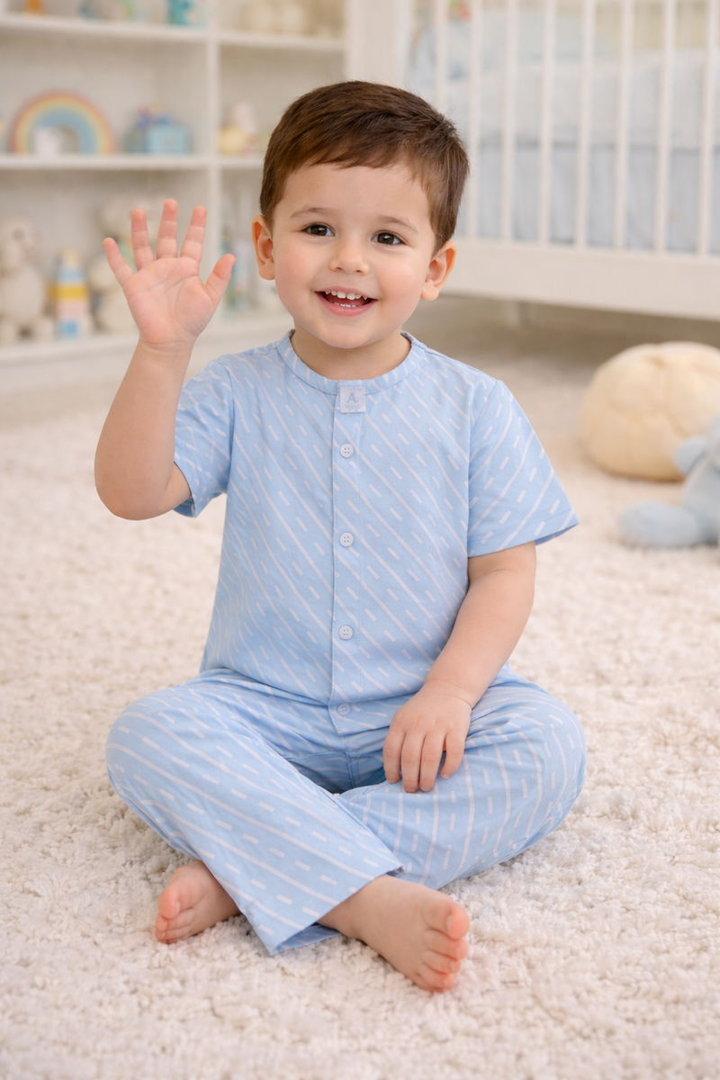 Sky Blue |Half Sleeves| Checkered Muslin| Soft Unisex Muslin Set for New Born to 6 Years