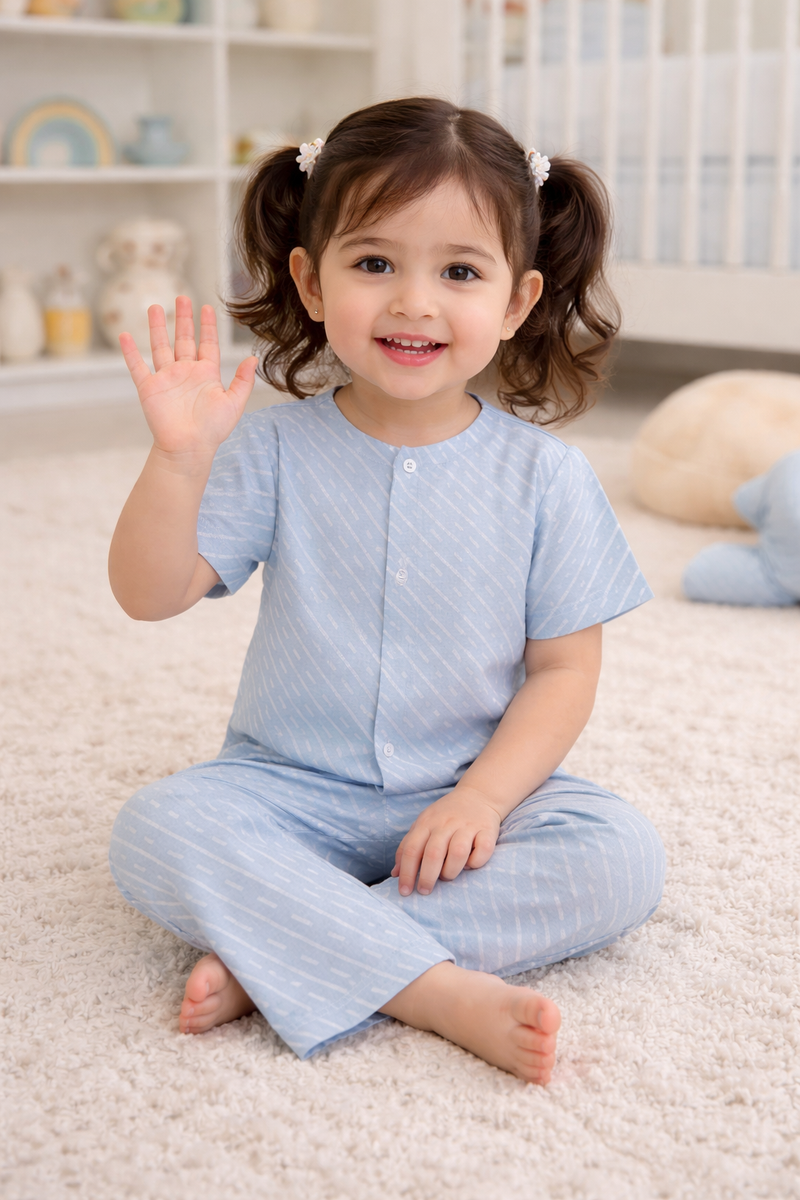 Sky Blue |Half Sleeves| Checkered Muslin| Soft Unisex Muslin Set for New Born to 6 Years