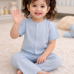 Sky Blue |Half Sleeves| Checkered Muslin| Soft Unisex Muslin Set for New Born to 6 Years