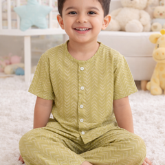 Earth Green |Half Sleeves| Checkered Muslin| Soft Unisex Muslin Set for New Born to 6 Years