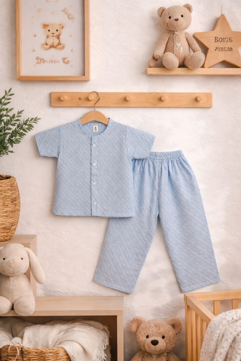 Sky Blue |Half Sleeves| Checkered Muslin| Soft Unisex Muslin Set for New Born to 6 Years