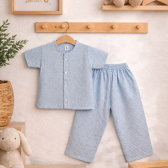 Sky Blue |Half Sleeves| Checkered Muslin| Soft Unisex Muslin Set for New Born to 6 Years