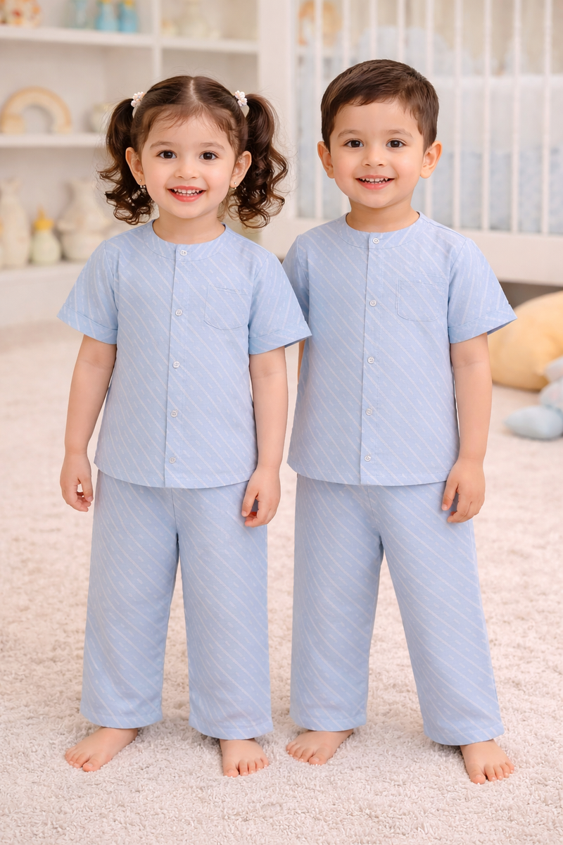 Sky Blue |Half Sleeves| Checkered Muslin| Soft Unisex Muslin Set for New Born to 6 Years