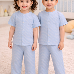 Sky Blue |Half Sleeves| Checkered Muslin| Soft Unisex Muslin Set for New Born to 6 Years