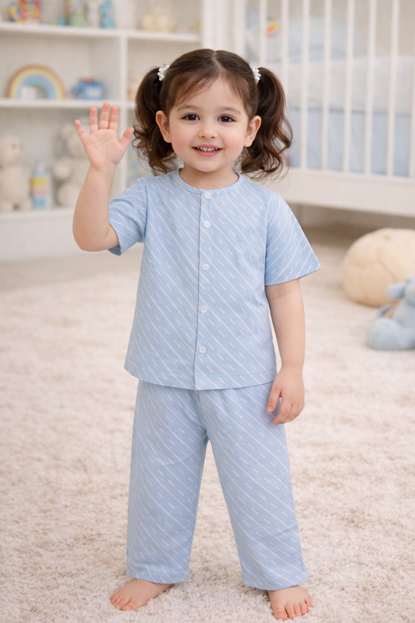 Sky Blue |Half Sleeves| Checkered Muslin| Soft Unisex Muslin Set for New Born to 6 Years