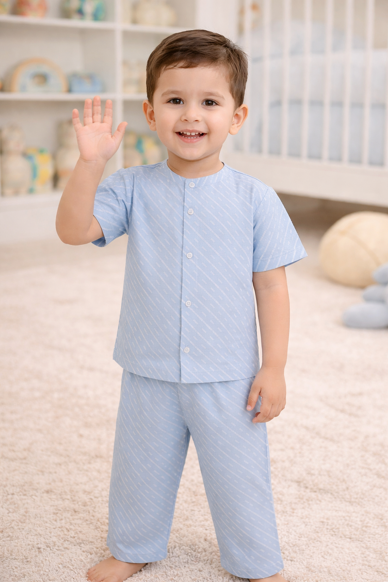 Sky Blue |Half Sleeves| Checkered Muslin| Soft Unisex Muslin Set for New Born to 6 Years