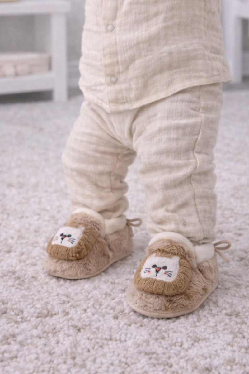Kradyl Kroft 6-18 Months Booties with Drawstrings | Kids First Walking Soft Fabric Fur Shoes with Anti Slip Sole-Fluffy Beige