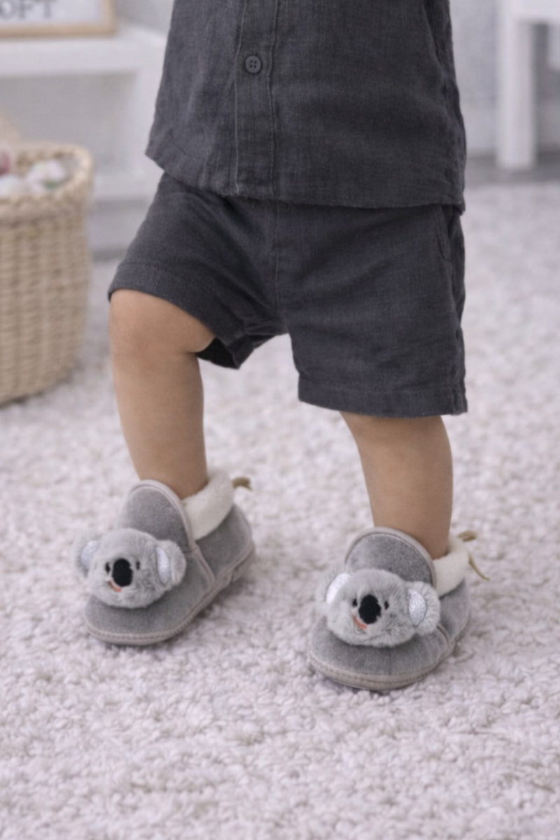 Kradyl Kroft 6-18 Months Booties with Drawstrings | Kids First Walking Soft Fabric Fur Shoes with Anti Slip Sole-Grey Koala