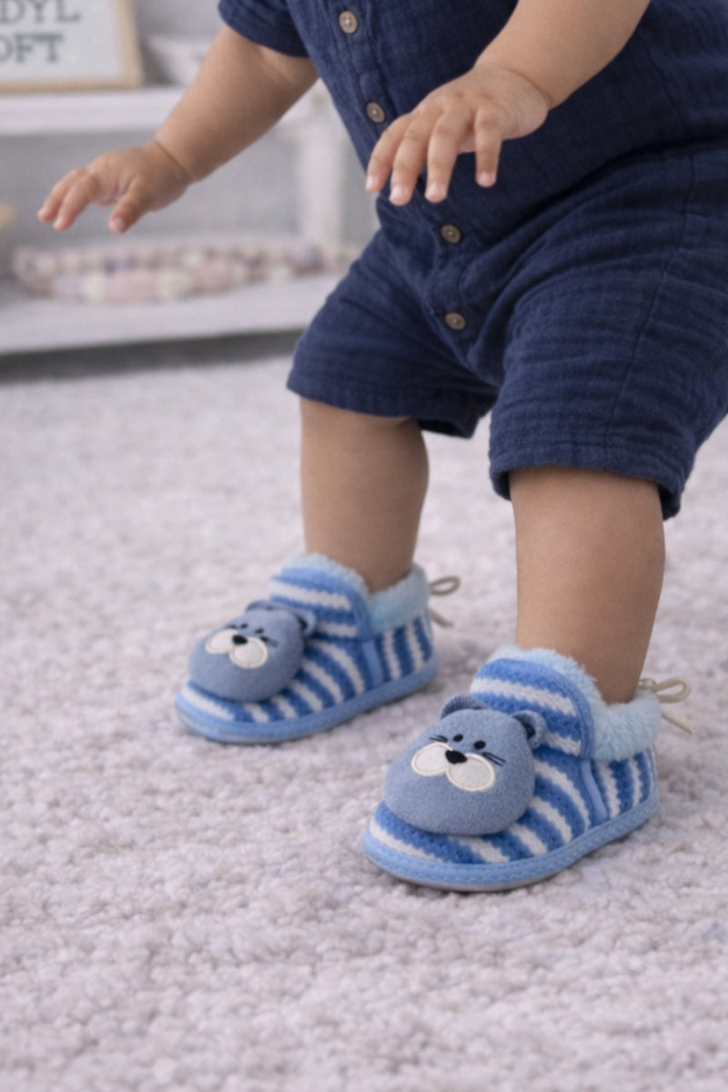 Kradyl Kroft 6-18 Months Booties with Drawstrings | Kids First Walking Soft Fabric Fur Shoes with Anti Slip Sole-Blue Stripes