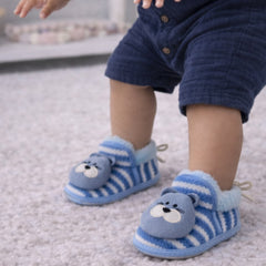 Kradyl Kroft 6-18 Months Booties with Drawstrings | Kids First Walking Soft Fabric Fur Shoes with Anti Slip Sole-Blue Stripes