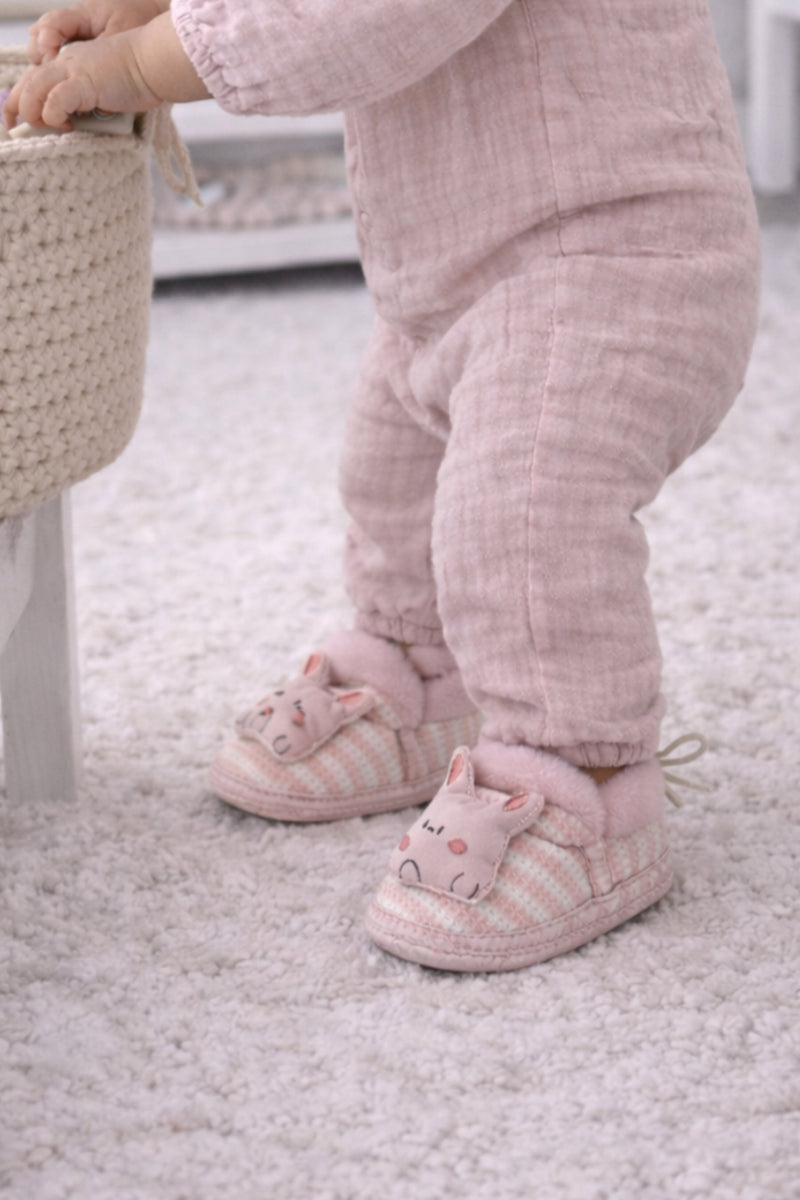 Kradyl Kroft 6-18 Months Booties with Drawstrings | Kids First Walking Soft Fabric Fur Shoes with Anti Slip Sole-Pink Stripes