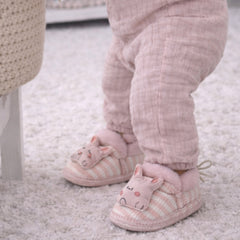 Kradyl Kroft 6-18 Months Booties with Drawstrings | Kids First Walking Soft Fabric Fur Shoes with Anti Slip Sole-Pink Stripes