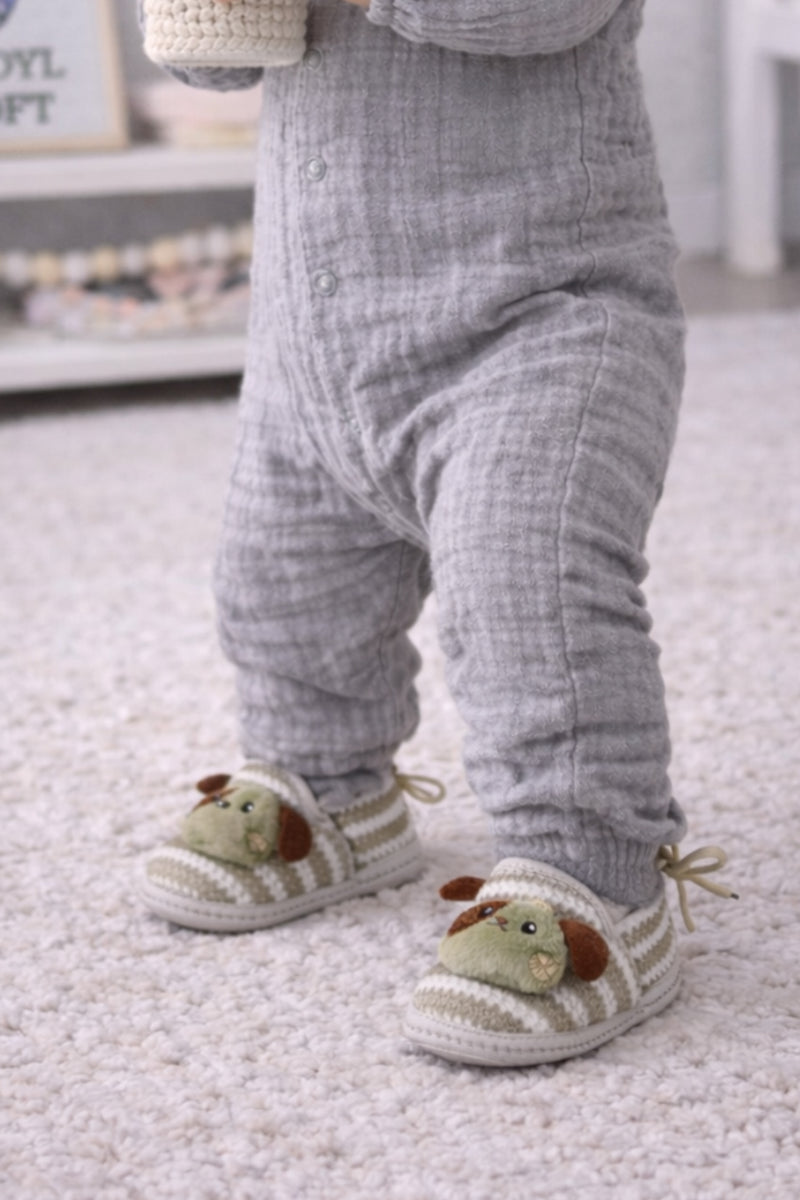 Kradyl Kroft 6-18 Months Booties with Drawstrings | Kids First Walking Soft Fabric Fur Shoes with Anti Slip Sole-Green Puppy