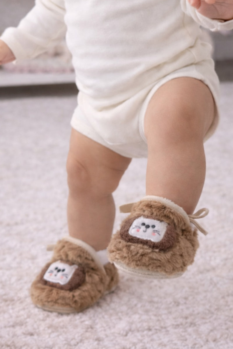 Kradyl Kroft 6-18 Months Booties with Drawstrings | Kids First Walking Soft Fabric Fur Shoes with Anti Slip Sole-Brown Kitty