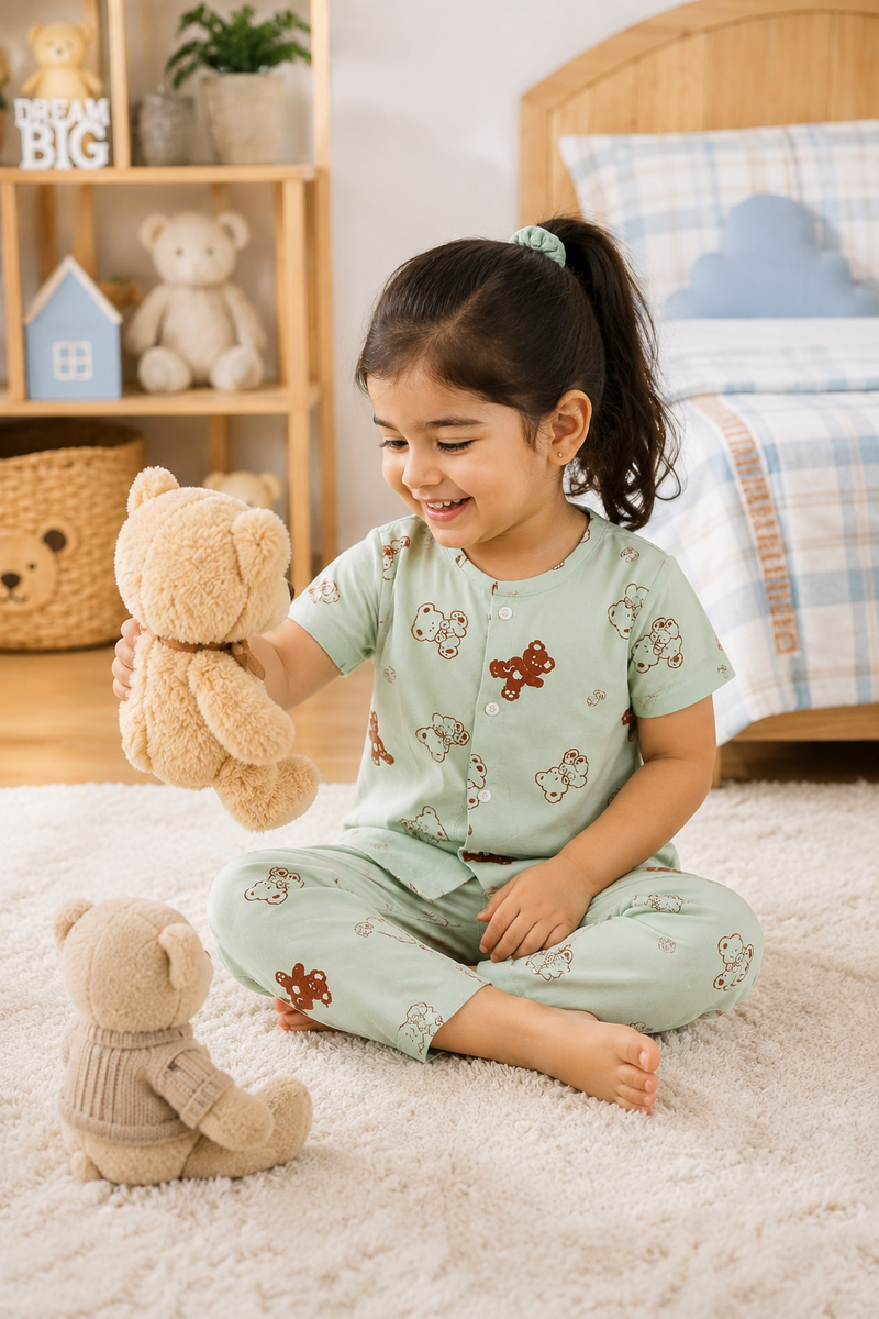 Pista Bear - Cloud PolyCotton | Unisex | Half Sleeve Top Pant Sets for New Born to 6 Years