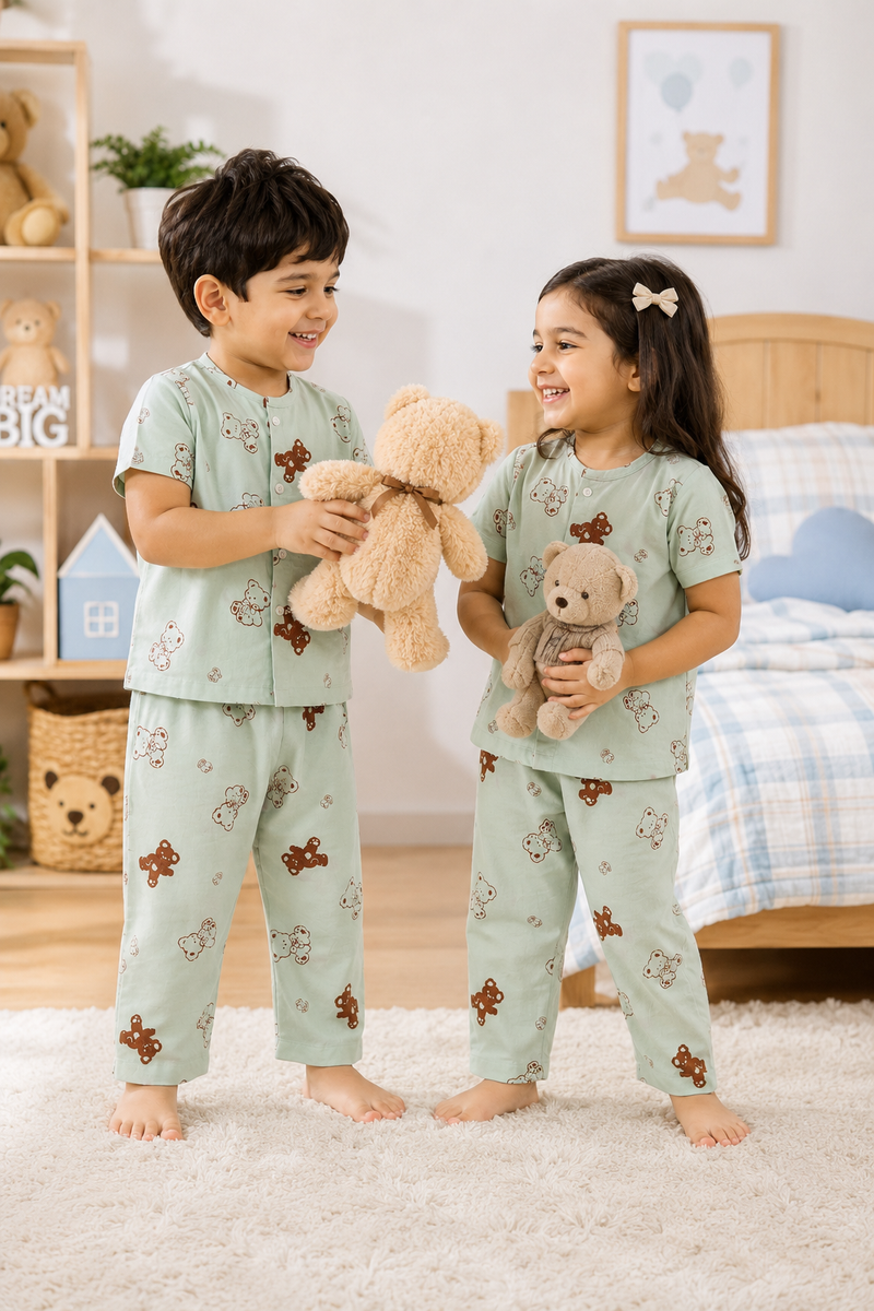 Pista Bear - Cloud PolyCotton | Unisex | Half Sleeve Top Pant Sets for New Born to 6 Years