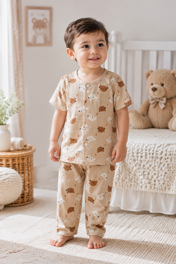 Bear Beige - Cloud PolyCotton | Unisex | Half Sleeve Top Pant Sets for New Born to 6 Years