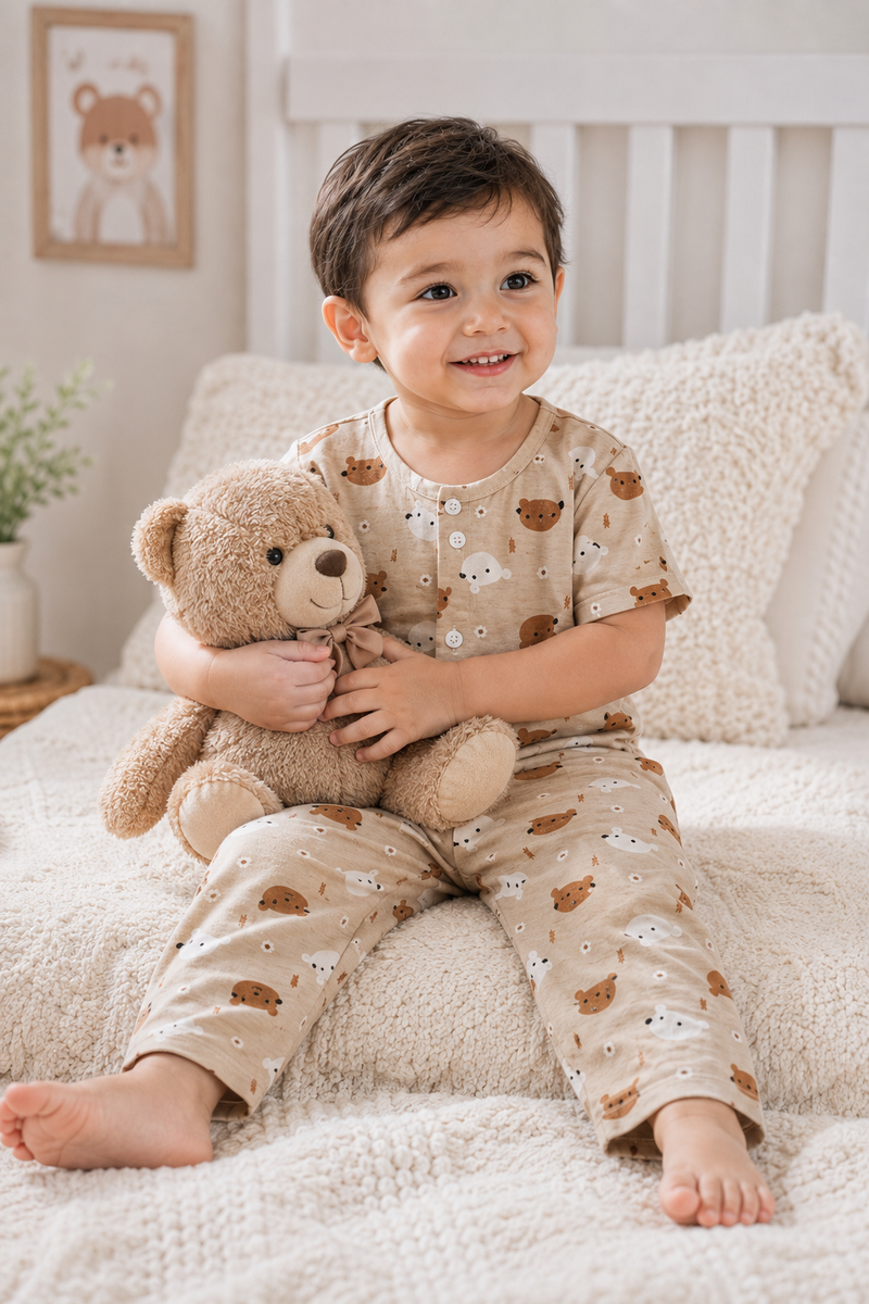 Bear Beige - Cloud PolyCotton | Unisex | Half Sleeve Top Pant Sets for New Born to 6 Years