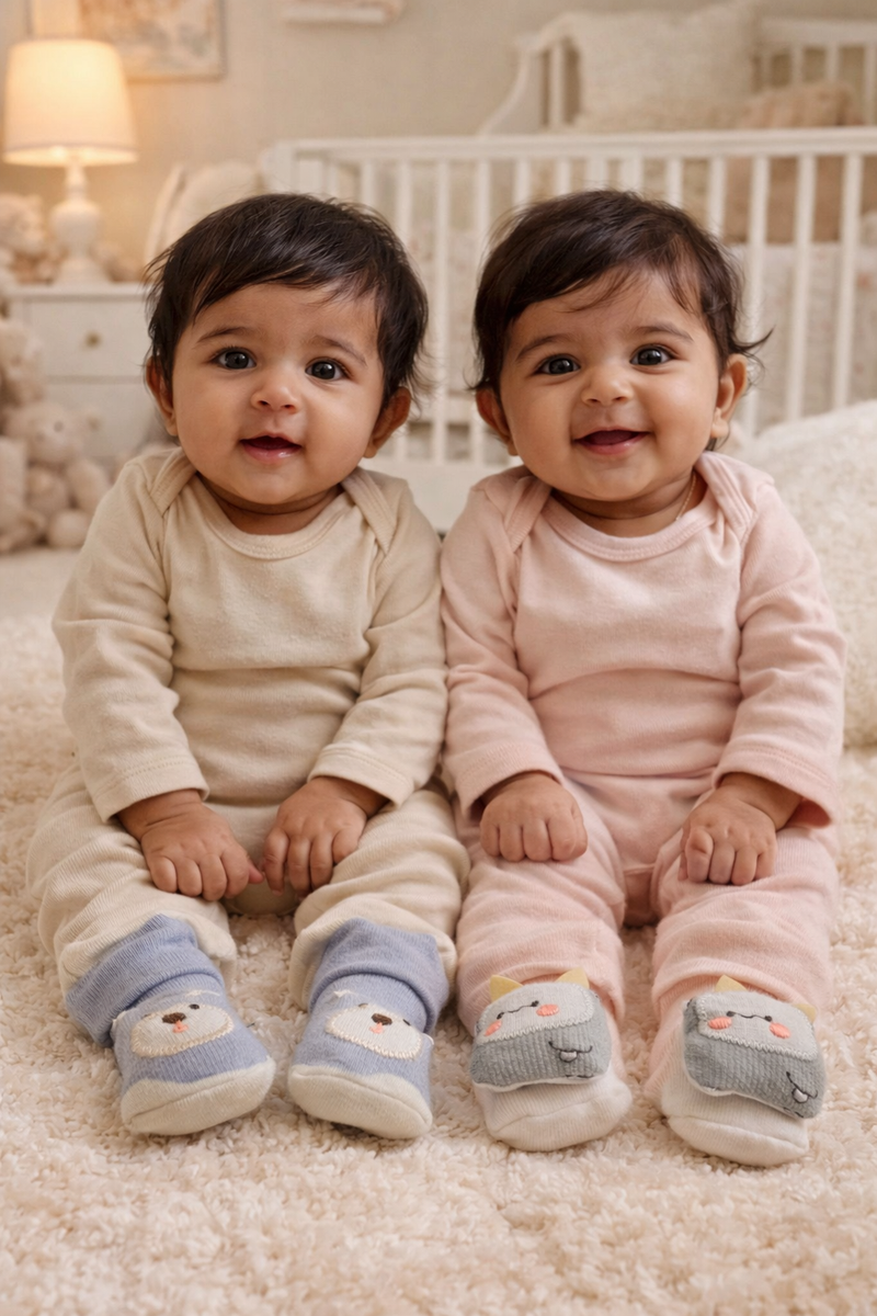 Kittle Pup- Set of 2 100% Cotton Baby Booties Socks for 0 to 12 Months