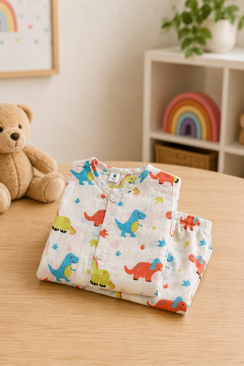 Colorful Dino |Half Sleeves| Checkered Muslin| Soft Unisex Muslin Set for New Born to 6 Years