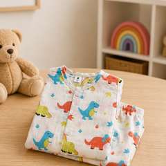 Colorful Dino |Half Sleeves| Checkered Muslin| Soft Unisex Muslin Set for New Born to 6 Years