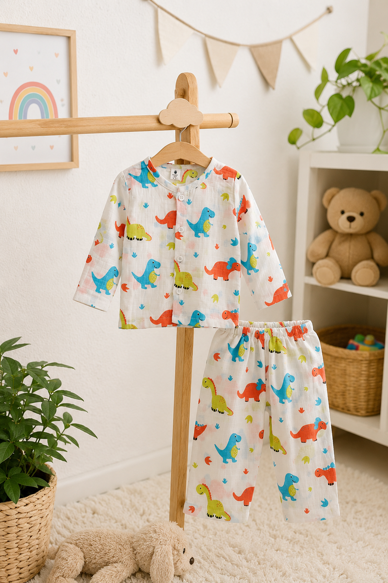 Colorful Dino |Half Sleeves| Checkered Muslin| Soft Unisex Muslin Set for New Born to 6 Years
