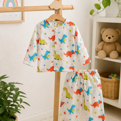 Colorful Dino |Half Sleeves| Checkered Muslin| Soft Unisex Muslin Set for New Born to 6 Years