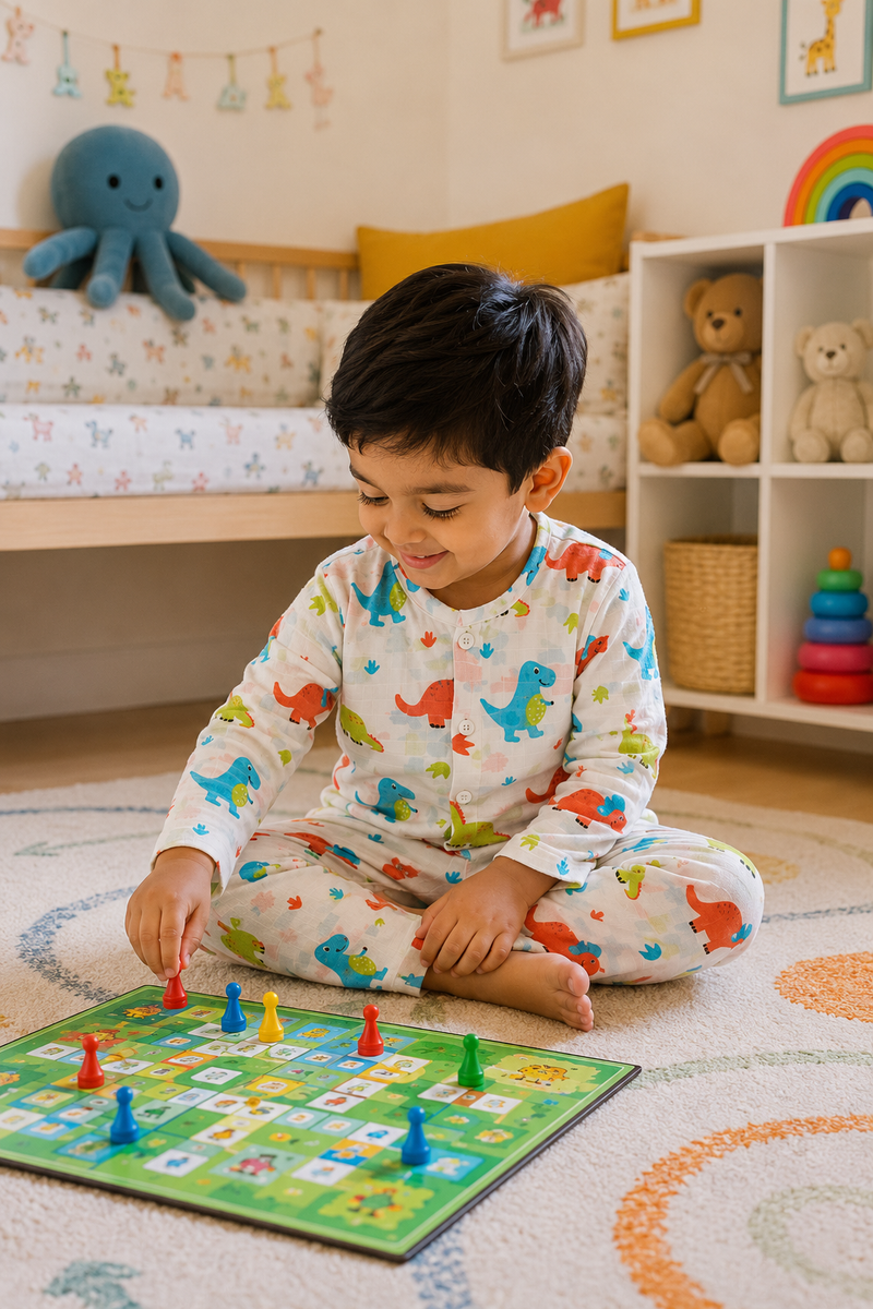 Colorful Dino |Half Sleeves| Checkered Muslin| Soft Unisex Muslin Set for New Born to 6 Years