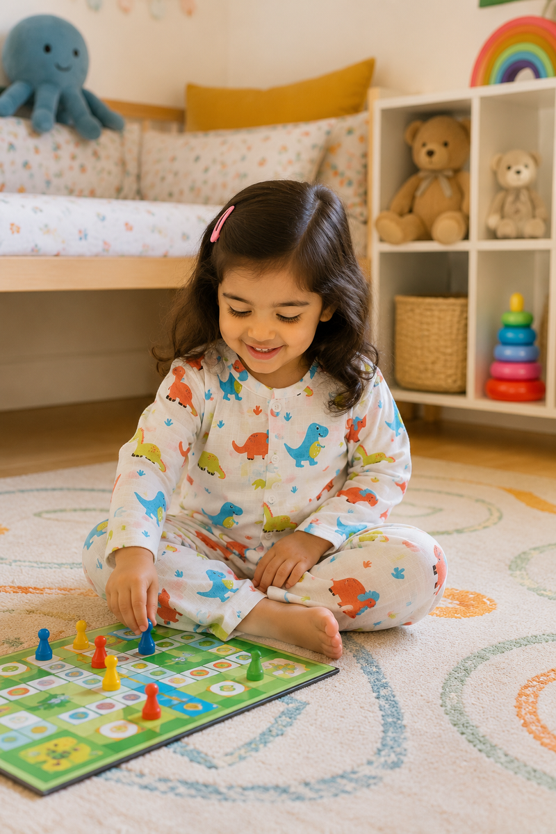 Colorful Dino |Half Sleeves| Checkered Muslin| Soft Unisex Muslin Set for New Born to 6 Years