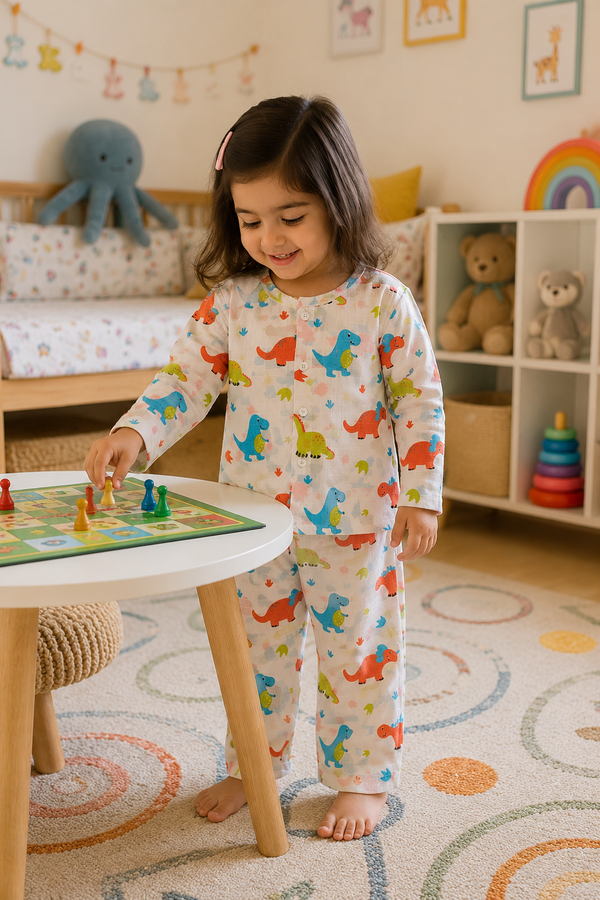 Colorful Dino |Half Sleeves| Checkered Muslin| Soft Unisex Muslin Set for New Born to 6 Years