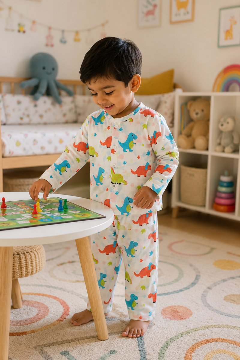 Colorful Dino |Half Sleeves| Checkered Muslin| Soft Unisex Muslin Set for New Born to 6 Years