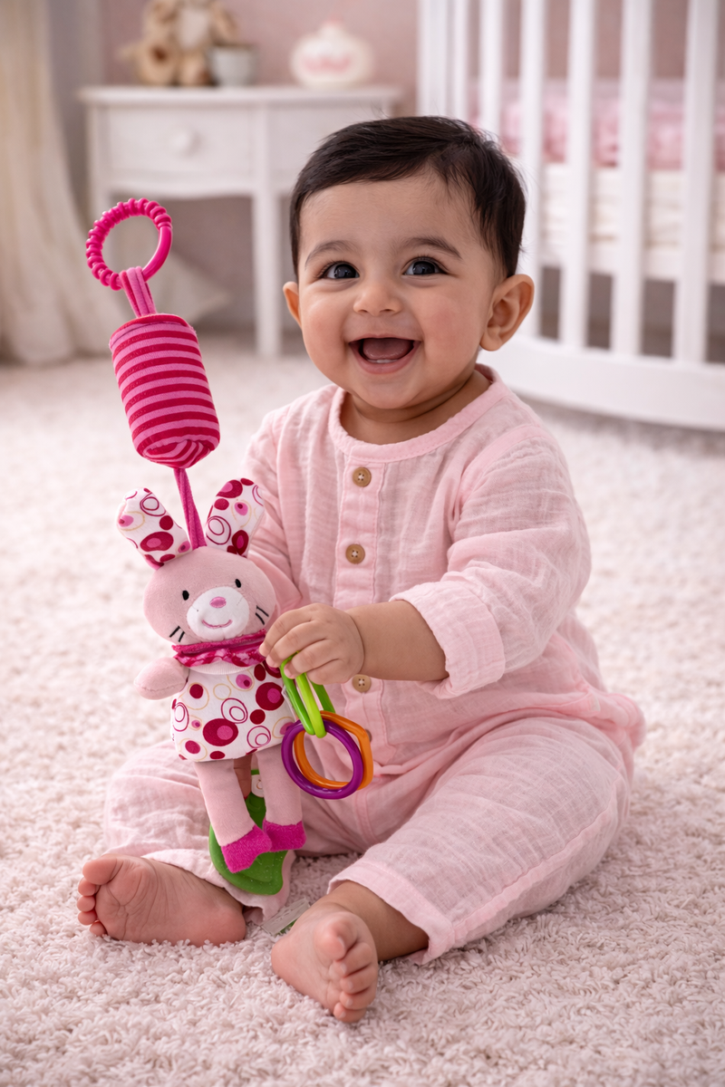 Soft Hanging Crinkle Rattle Sensory Toy for Babies with Teether (0–12 Months) - Pinky