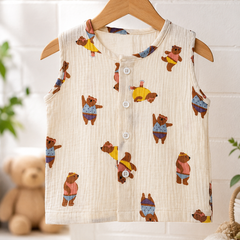 1 Pc Sleeveless Premium Crinkled Muslin Jhabla Vest - Bear Story