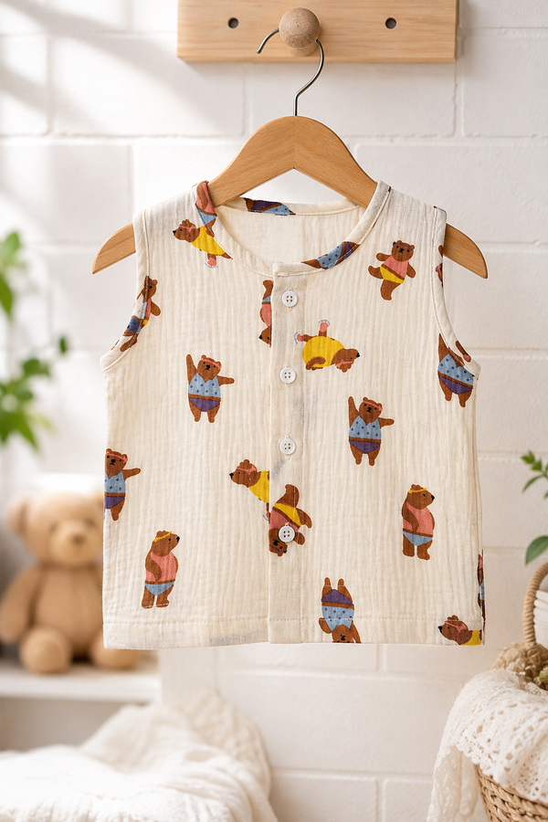 1 Pc Sleeveless Premium Crinkled Muslin Jhabla Vest - Bear Story