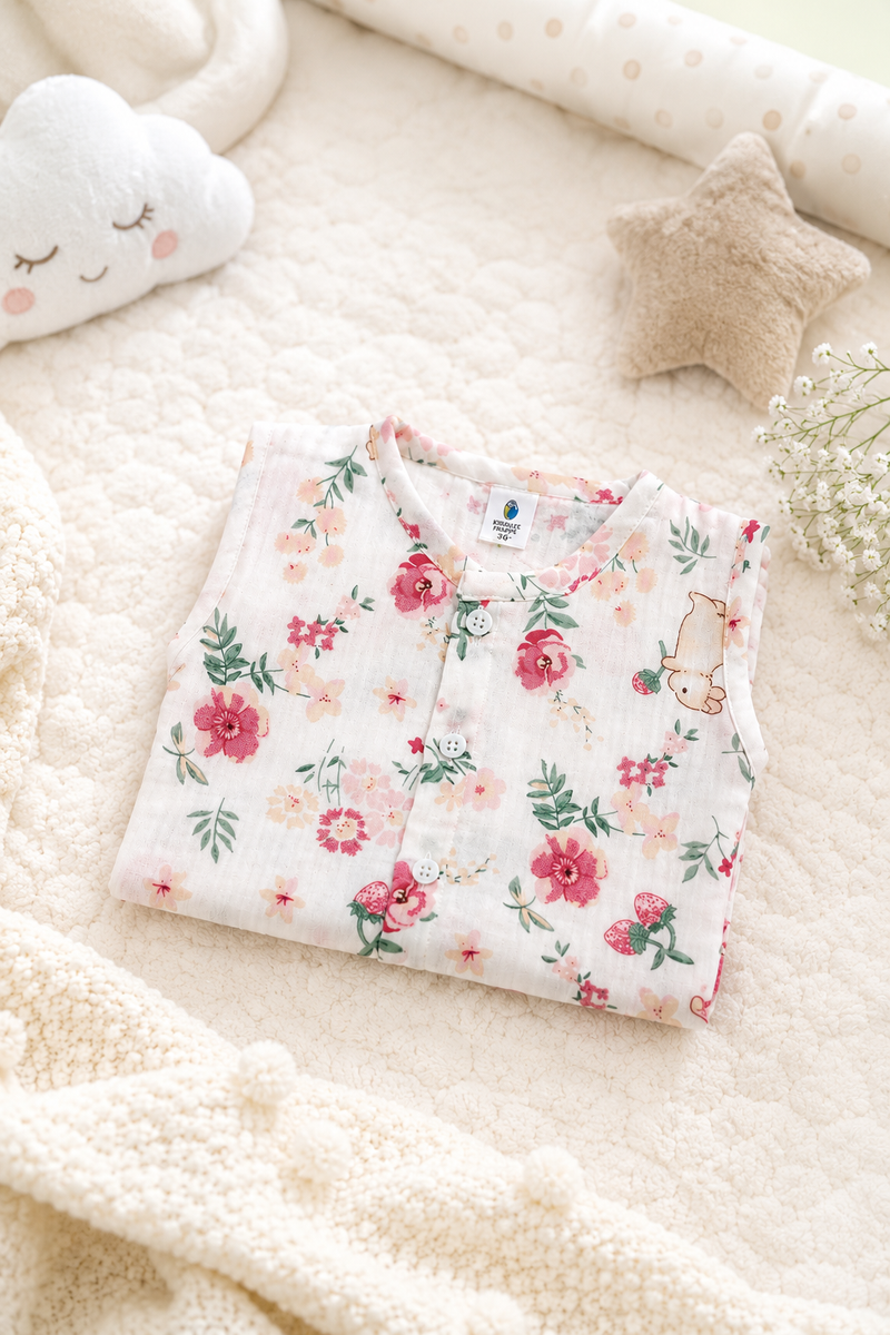 1 Pc Sleeveless Premium Crinkled Muslin Jhabla Vest - Pink Garden