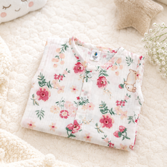 1 Pc Sleeveless Premium Crinkled Muslin Jhabla Vest - Pink Garden