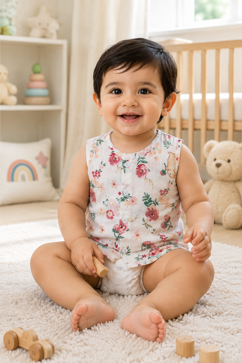 1 Pc Sleeveless Premium Crinkled Muslin Jhabla Vest - Pink Garden
