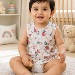 1 Pc Sleeveless Premium Crinkled Muslin Jhabla Vest - Pink Garden