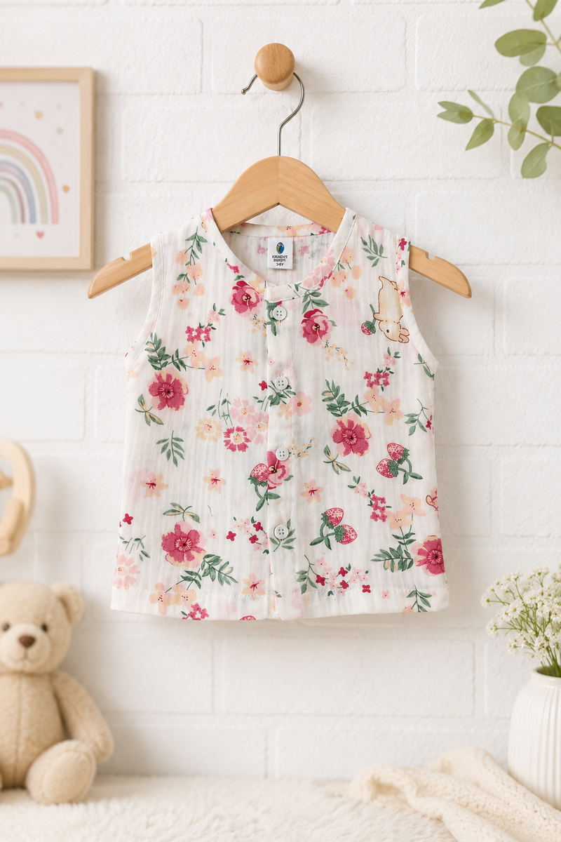 1 Pc Sleeveless Premium Crinkled Muslin Jhabla Vest - Pink Garden