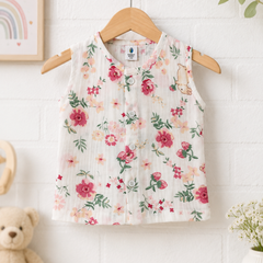 1 Pc Sleeveless Premium Crinkled Muslin Jhabla Vest - Pink Garden