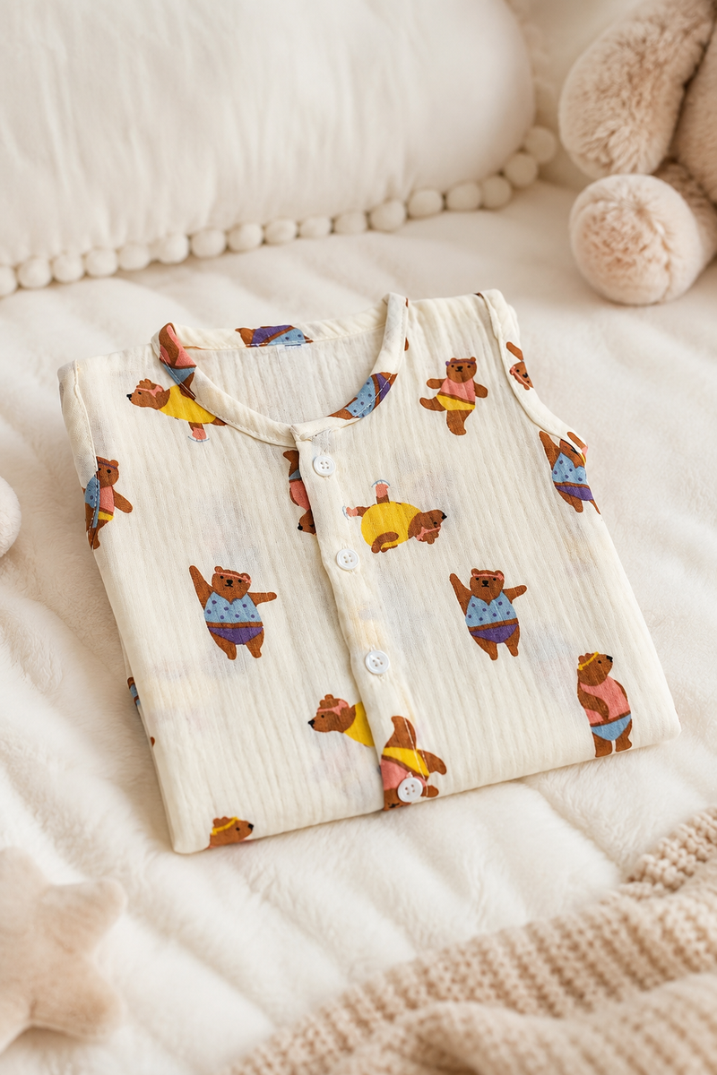 1 Pc Sleeveless Premium Crinkled Muslin Jhabla Vest - Bear Story