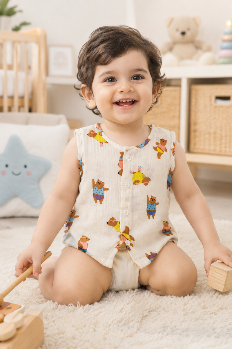 1 Pc Sleeveless Premium Crinkled Muslin Jhabla Vest - Bear Story