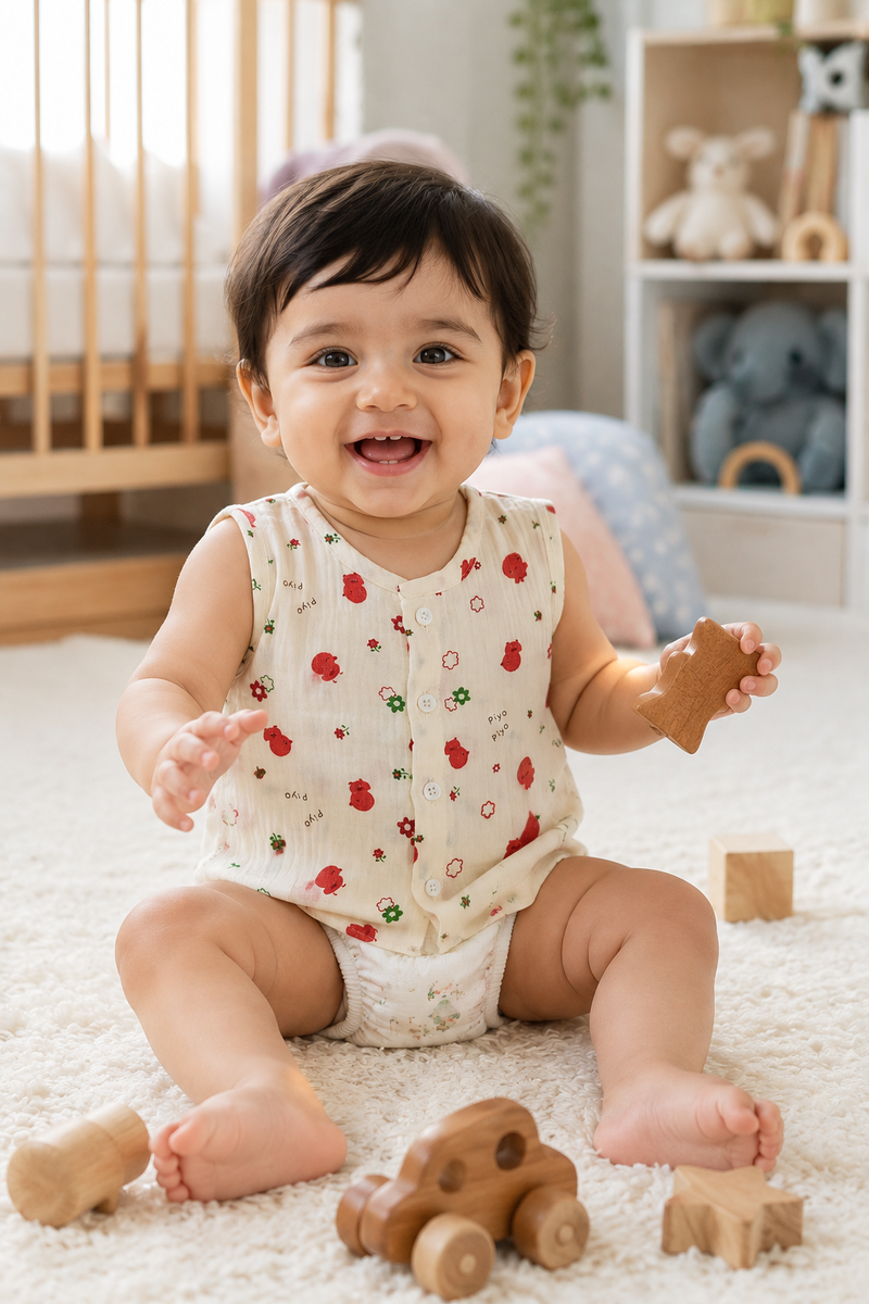 1 Pc Sleeveless Premium Crinkled Muslin Jhabla Vest - Cherry