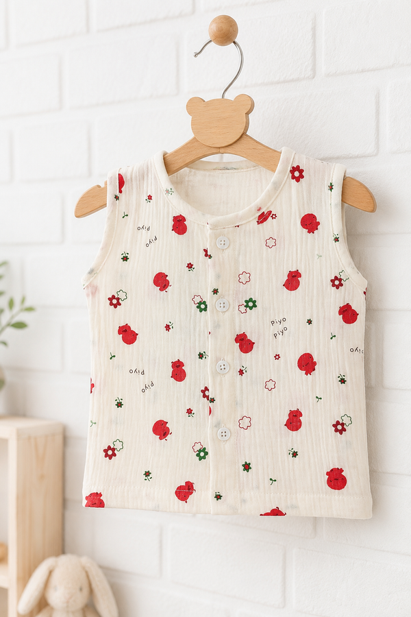 1 Pc Sleeveless Premium Crinkled Muslin Jhabla Vest - Cherry