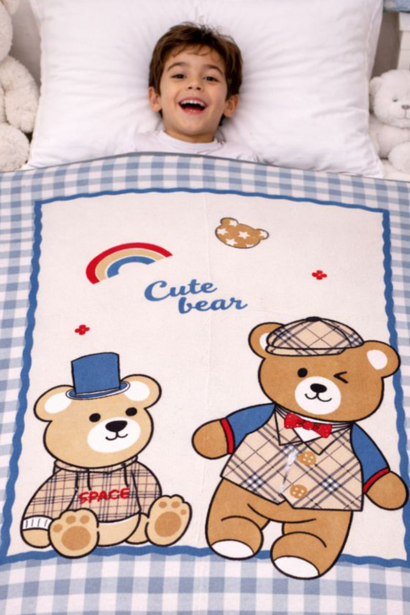 Lightweight Soft Plush Velvet Fleece 2 way Printed Blanket for 1 -7 Year Olds - Cute Bear